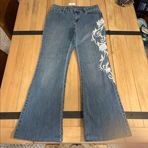 Boston Proper size 4 Blue Flare Jeans with White Embroidery Sequins